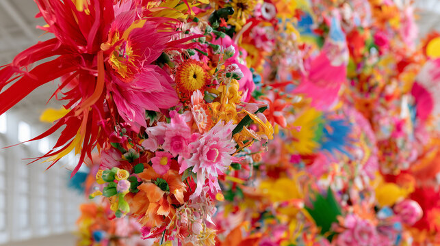 Vibrant Floral Display Celebrating the Spirit of the Carnaval de San Miguel Featuring Colorful Artificial Flowers and Festive Artistic Craftsmanship