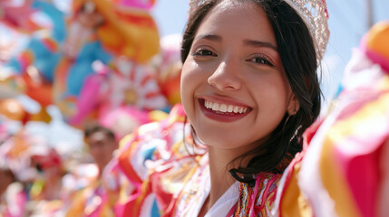 Obraz premium Cheerful Young Woman Wearing a Decorative Crown Celebrating at the Vibrant Carnaval de San Miguel Parade Under a Bright Sunny Sky