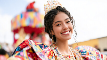 Obraz premium Portrait of a Beautiful Young Queen Smiling During the Traditional Colorful Carnaval de San Miguel Festival Celebrating Latin American Heritage