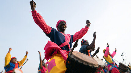 Fototapeta premium Energetic African Drummers Celebrating Joyful Rhythms at the Vibrant Carnaval de San Miguel Cultural Parade with Traditional Music and Colorful Performance Art