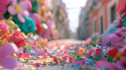 Obraz premium Vibrant Festive Street Decorations Featuring Colorful Paper Flowers and Confetti Ribbons Inspired by the Joyful Atmosphere of Carnaval de San Miguel