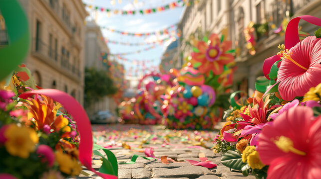 Colorful Floral Decorations and Festive Street Bunting Celebrating the Vibrant Carnaval de San Miguel Spirit in a Historic City Center Paved Street