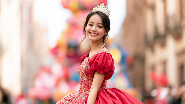 Beautiful Young Girl Wearing a Royal Tiara and Elegant Red Gown Celebrating at the Vibrant and Festive Annual Carnaval de San Miguel Parade