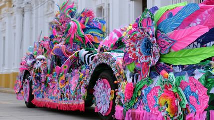 Obraz premium Vibrant and Elaborate Float Decorated with Colorful Flowers and Feathers Participating in the Traditional Cultural Celebration of the Carnaval de San Miguel