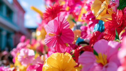 Obraz premium Vibrant Floral Decorations Adorning The Colorful Celebration Of The Famous Carnaval de San Miguel With Tropical Flowers In A Festive Outdoor Setting
