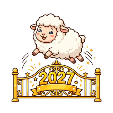 Cute cartoon sheep jumping over a golden gate with year 2027 on transparent background