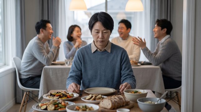 A lonely Asian man sitting at a dinner table feeling isolated while his friends laugh together in the background.