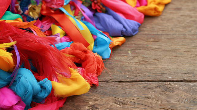 Colorful Festive Fabric Decorations and Vibrant Ribbons Arranged on a Rustic Wooden Surface Capturing the Lively Spirit of the Carnaval de San Miguel