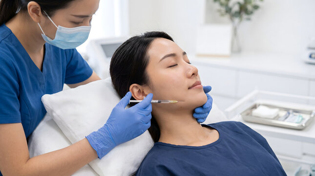 Nurse injecting dermal filler near a patient's jaw during a cosmetic procedure