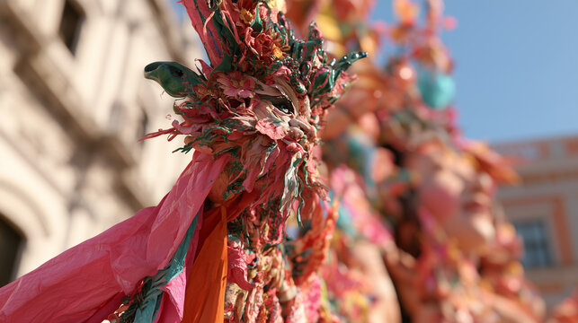 Vibrant Decorations and Colorful Details Capture the Festive Spirit of the Traditional Carnaval de San Miguel Celebration in an Urban Setting