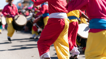 Obraz premium Vibrant Dancers and Musicians Celebrating the Colorful Tradition of the Carnaval de San Miguel During a Lively Outdoor Cultural Street Parade Event