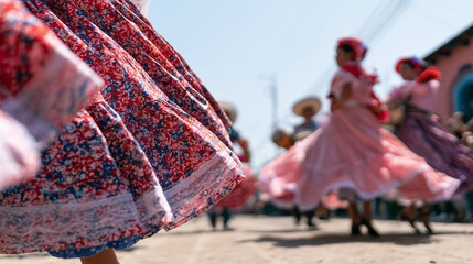 Obraz premium Vibrant Dancers Wearing Traditional Colorful Dresses Performing During the Lively and Festive Cultural Celebration of Carnaval de San Miguel Outdoors