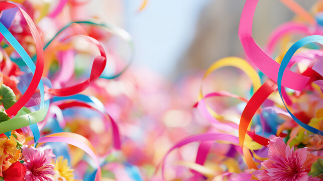 Vibrant Festive Atmosphere Captured at the Carnaval de San Miguel Featuring Colorful Cascading Ribbons and Floral Decorations in a Joyous Celebration