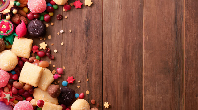Festive Holiday Treats Arrangement Inspired by the Vibrancy of Carnaval de San Miguel Featuring Colorful Candies and Cookies on a Rustic Dark Wood Surface