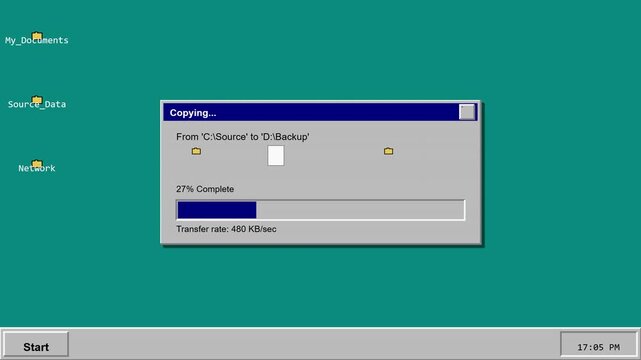 Retro digital interface displaying a file transfer progress bar on a classic computer desktop environment with minimalist desktop icons