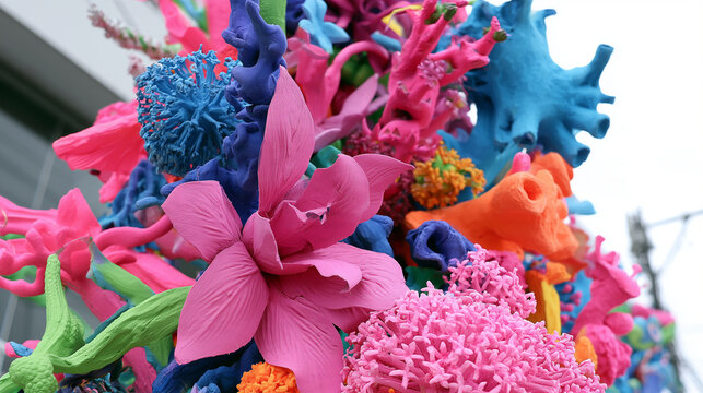 Vibrant Sculptural Floral Display Inspired by the Artistic Spirit of the Carnaval de San Miguel Featuring Vivid Colors and Intricate Botanical Textures