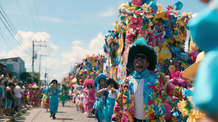 Obraz premium Vibrant Dancers Celebrate the Colorful Carnaval de San Miguel with Elaborate Costumes and Joyful Performances During a Sunny Street Parade Festival