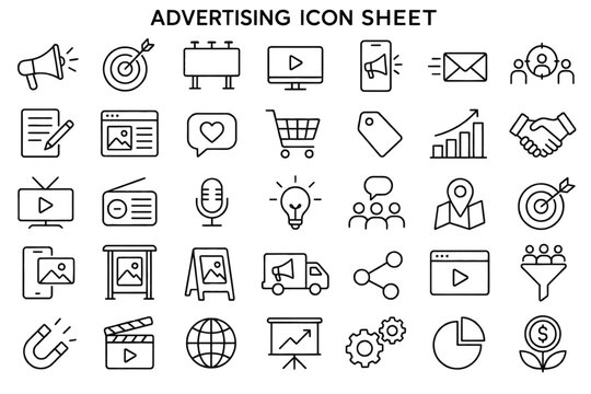Advertising Icon Sheet: A comprehensive collection of linear vector icons representing various aspects of advertising and marketing, presented as a clean infographic.