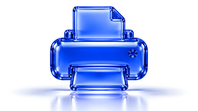 Blue glass printer icon isolated on white background