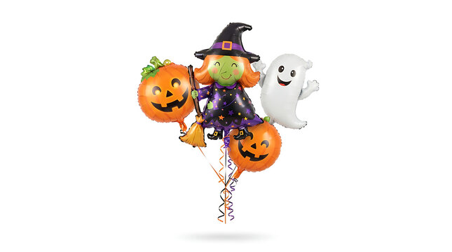 purple polka-dot dress, black pointed hat, winking and holding a broom &mdash; stands center with orange carved pumpkin balloons to the left and below and a friendly white ghost to the right, all joined by 