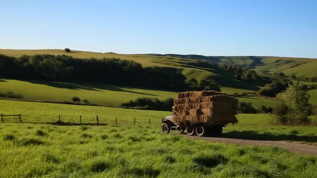 Truck loaded high with stacked hay bales drives along narrow country road through sunlit green pasture, rolling hills, scattered trees, and clear blue sky in a wide rural landscape
