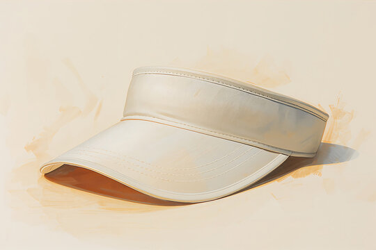 A plain beige sun visor hat isolated on a light tan background, with soft watercolor, style textures and, subtle shadows cast, on the surface below