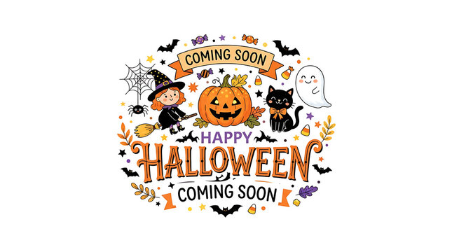 a smiling jack-o'-lantern, a black cat and a friendly ghost, framed by "COMING SOON" at top and bottom around a bold central "HAPPY HALLOWEEN," with bats, stars and autumn foliage on white