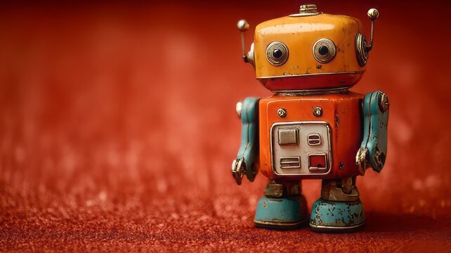 Vintage tin robot toy on red textured background, retro orange and blue mechanical character, nostalgic antique metal robot figurine with bokeh