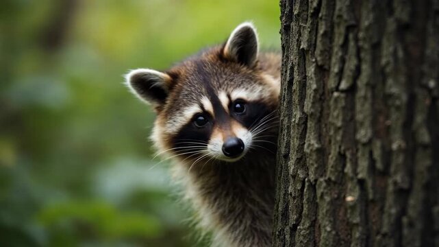 Curious raccoon peeking from behind a tree in a lush green forest.