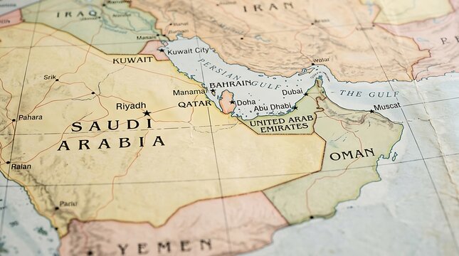 Map of Saudi Arabia and the Middle East region shows geographic details and surrounding bodies of water.