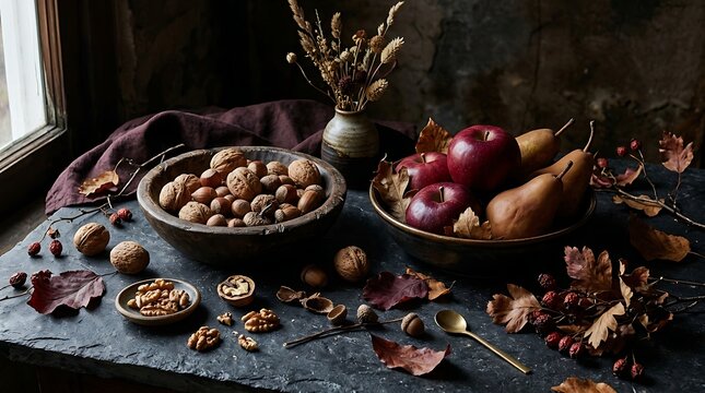 Assorted fresh nuts and dried fruits arranged on rustic wooden table with autumnal decor