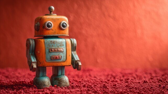 Vintage tin robot toy on red textured background, retro orange and blue metal robot figurine, antique mechanical android character with copy space