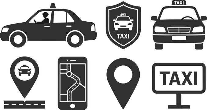 Taxi service icons collection with car navigation smartphone map location pin and signage representing transportation pickup and urban mobility solutions