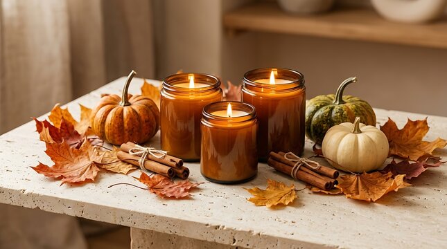 Burning scented candles with pumpkins and autumn leaves on a stone table