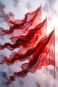 Three translucent red flags waving in misty sky, flowing sheer red silk banners, dramatic sunlight through clouds, solemn red theme illustration