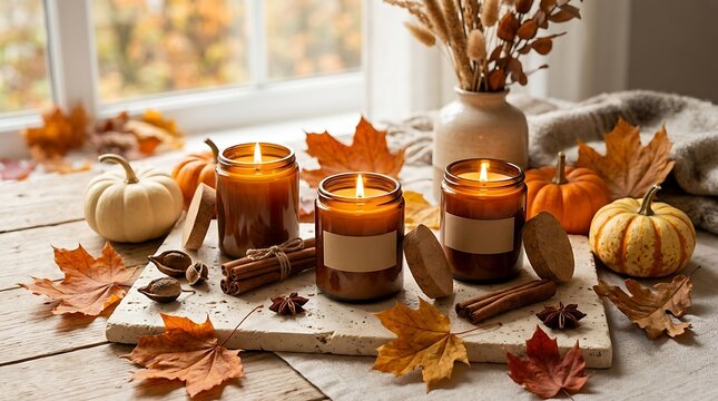 Three burning scented candles with pumpkins and autumn leaves on a table