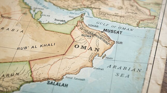 Map of Oman showing Muscat and the Arabian Sea coastline on an aged paper document.