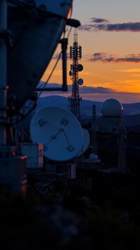 Satellite dishes and telecommunications towers stand across a mountain facility as warm sunset light fades toward blue twilight, silhouetting antennas, radomes, and distant ridges