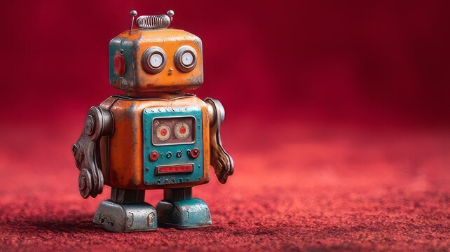 Vintage tin robot toy with weathered orange paint, retro mechanical cyborg figure on red textured background, antique collectible robot character