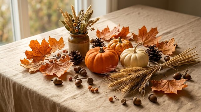 Autumn harvest table display featuring pumpkins, wheat stalks, and dried leaves on rustic linen cloth