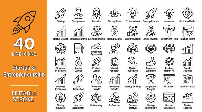 Minimalist 40 line icons depicting startup and entrepreneurship concepts, including innovation, funding, teamwork, product launch, and business growth.