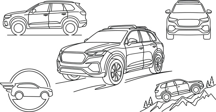 Continuous line art set of SUV car icons featuring modern crossover vehicle from front side and offroad mountain views vector
