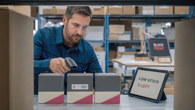 Male warehouse worker scanning product barcodes for inventory management during Black Friday shopping campaign with low stock sign visible on table
