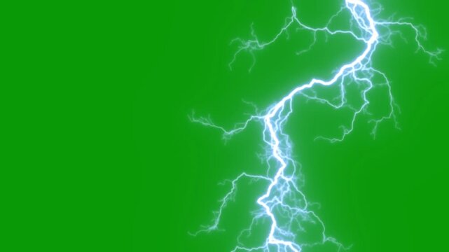 Realistic Lightning Bolt Strikes on Green Screen. Bright White and Blue Branching Electric Bolts Flashing Down and Across the Frame at Random Positions and Fading. Thunderstorm Chroma Key Effect