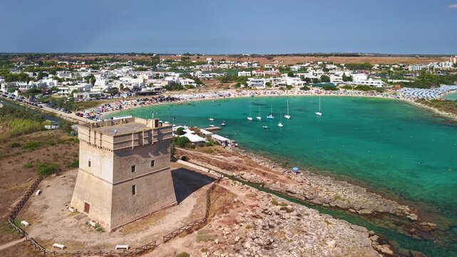 Aerial view of Torre di Santo Stefano and the beach in Torre Chianca