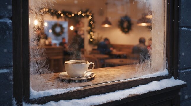 Cozy winter scene with hot beverage and decorated cafe viewed through frosted window