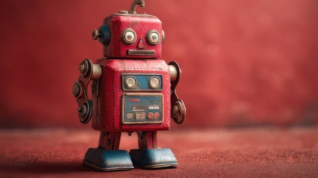 Vintage red tin robot toy, retro mechanical cyborg figure on red background, antique weathered metal robot collectible with rustic texture