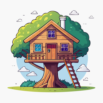 Cabane dans un arbre en illustration color&eacute;e et ludique