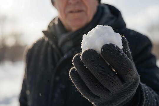 Close-up of an elderly mans gloved hand holding a snowball, capturing the moment before throwing snowballs in a snowy outdoor setting.