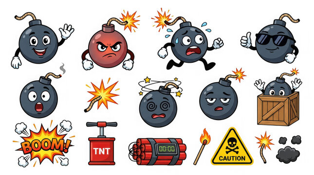 Cartoon Exploding Bomb Characters and Dangerous Explosion Graphic Elements Collection transparent background